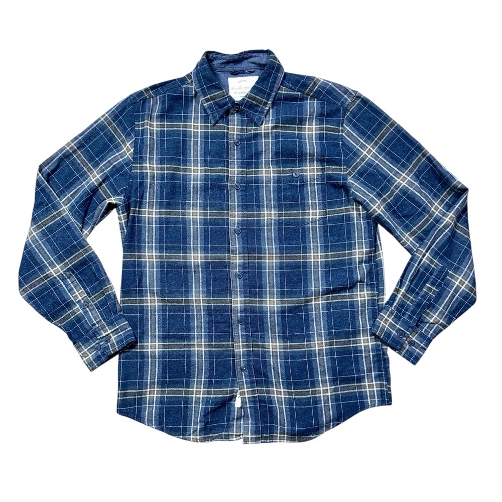 Weatherproof Vintage Navy Brown Plaid Flannel Button-Up Casual Shirt Mens Sz M